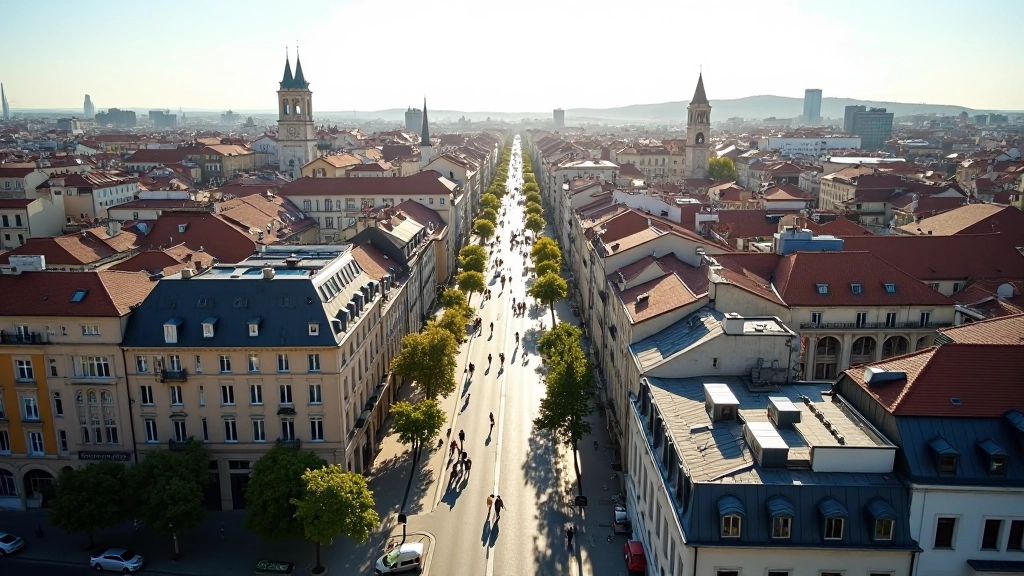 Vue aérienne de Toulouse avec buildings modernes et avenue principale, représentant l'économie régionale dynamique